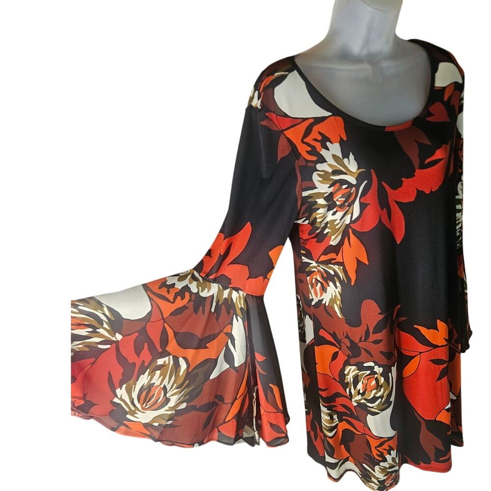 MSK Black Red Orange Sheath Dress Sz L Bell Sleeves Floral Stretchy